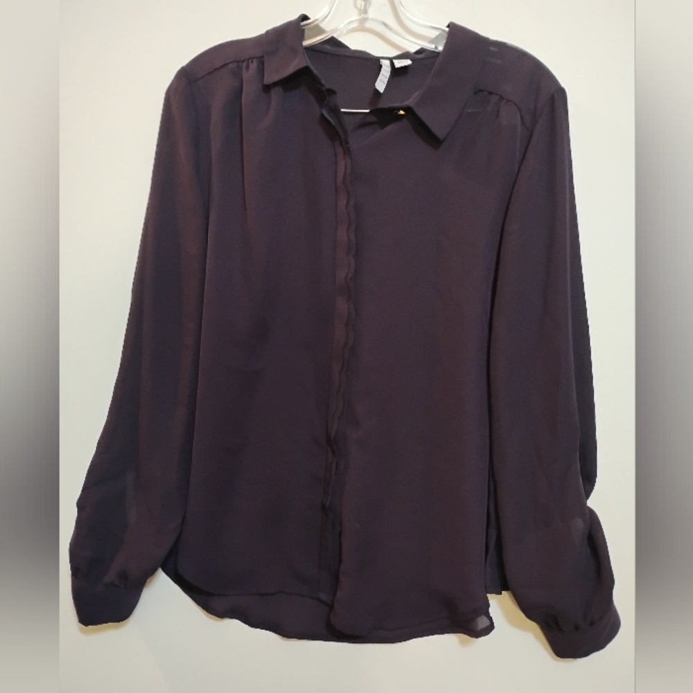 ELLE TM Ripe Plumb Purple Button Down Shirt Blouse Thin Polyester L